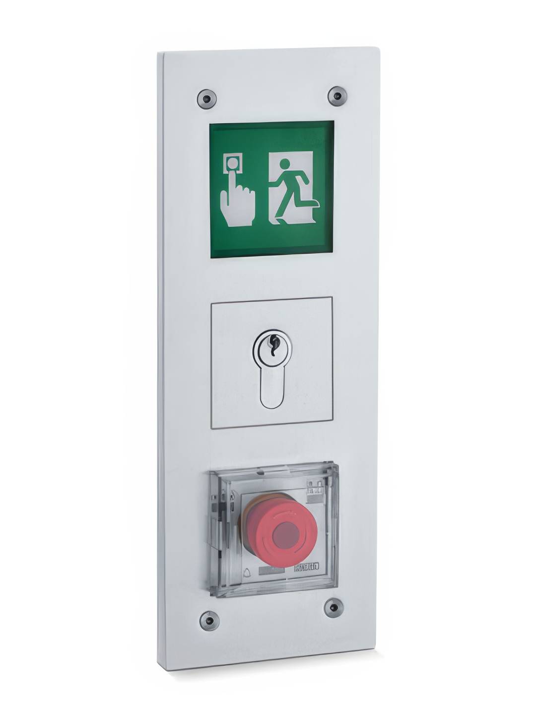 Notausgangstafel mit beleuchtetem Fluchtwegschild, Schlüsselschalter und rotem Notrufknopf. Sicherungssysteme für Fluchtwege.