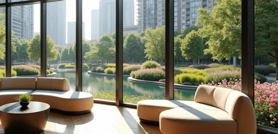 Moderne Lounge mit geschwungenen Sofas mit Blick auf ein ruhiges Wasserspiel und die Skyline der Stadt.